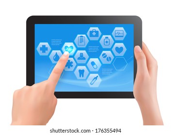 Two hands touching a tablet screen with medical icons. Vector.