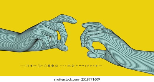 Two hands try to reach each other's fingers. Concept of human relation, togetherness or partnership. 3D vector illustration. Can be used for advertising, marketing or presentation.