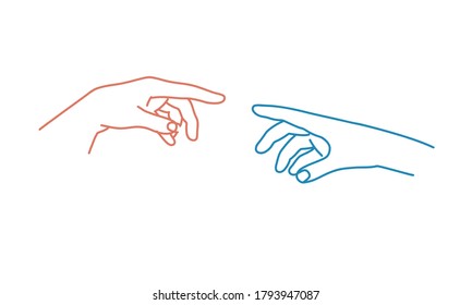 Two hands try to touch each other. Human relations concept. Line drawing vector illustration.