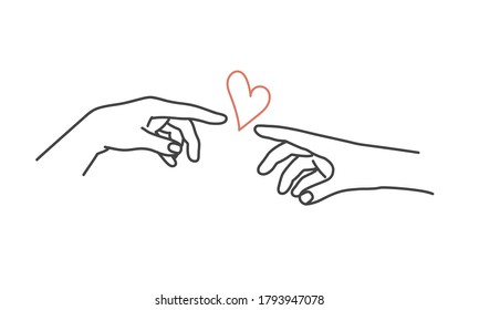 Two hands try to touch the heart. Human relations concept. Line drawing vector illustration.