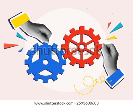 Two hands turning a mechanism of gears. Collaboration and teamwork concept. Modern collage style. Vector illustration