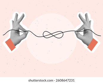 Two hands tying a knot. Concept of connection. Modern photo collage style. Vector illustration