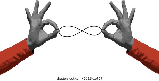 Two hands tying a knot. Concept of connection. Modern photo collage style. Illustration on transparent background