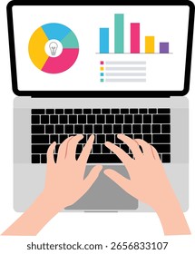 Two hands typing on a laptop and displaying data visualization on the screen