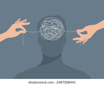 Two hands untangling a tangle of thoughts in a man's head. The concept of psychological help and support. Flat vector illustration