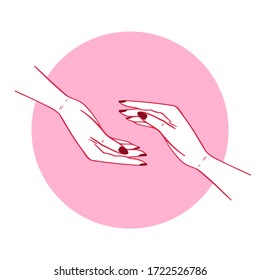 Two hands vector icon. Female cupped hand. Support, care, protection hand gesture on pink circle.