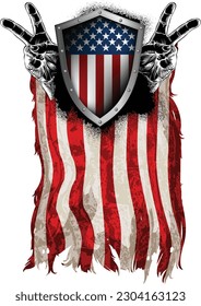 Two hands with victory gesture against american flag background. Highly realistic illustration.