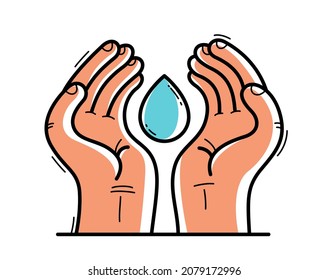 Two hands with water drop protecting and showing care vector flat style illustration isolated on white, cherish and defense for fresh water concept, world water day.