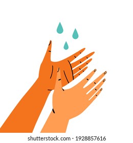 Two hands with water drops isolated on white background. Washing hands poster flat vector illustration.