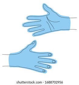Two hands wearing blue gloves for virus protection and personal health, reaching towards each other. Vector illustration in outline style.