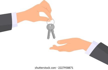 Two hands wearing in business suit. One hand giving two keys to another. Flat vector illustration.