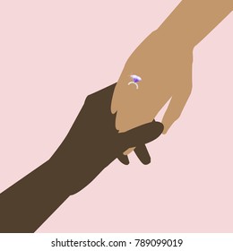 two hands wearing diamond ring silhouette for propose words marry me,vector illustration