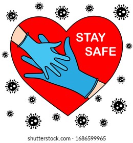 Two hands wearing medical gloves, adult and child. Quarantine time, stay safe concept, social distance and self-isolation. Safehands hashtag. Stop coronavirus COVID 19