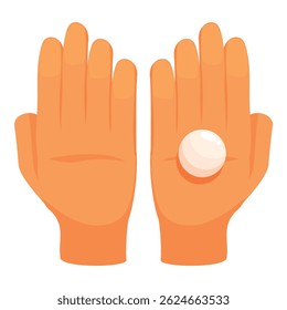 Two hands wearing orange gloves, one of them holding a white pill