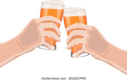 Two hands with weizen glasses of beer for banners, flyers, posters, cards. Light beer with foam. International Beer Day. Beer day. Alcoholic drinks. Vector illustration isolated on white background.