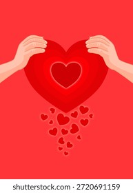Two hands were holding a red heart, and a smaller red heart was falling out. Many of hearts Stacked together in a distributed manner Use it as a background for a love story.