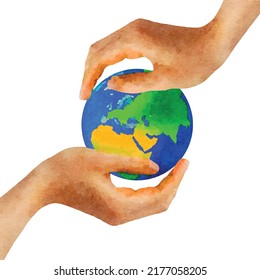 Zwei Hände, die die Erde auf weißem Hintergrund halten. Symbol der Umwelt- und Umweltpflege. Naturschutzkonzept. Vektorgrafik auf Basis einer realistischen handgezeichneten Aquarellmalerei.