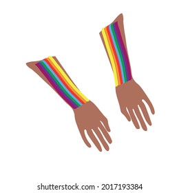 Zwei Hände weiß mit den Farben der LGBT-Flagge - Kampf und Protest für homosexuelle Rechte. Die Macht von Lesben, Schwulen und Transsexuellen während eines Protests für Freiheit und Toleranz