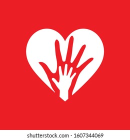 Two Hands in the White Heart Icon as Orphan Children Adoption Metaphor. Great Illustration for Could be also used Church Logo or Donation Icon on Red Backdrop