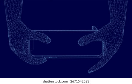 Duas mãos em estilo wireframe seguram um telefone celular contra um fundo azul, pronto para tirar uma foto. O design minimalista destaca a interação com a tecnologia. Perfeito para jogos, desenvolvimento de aplicativos.