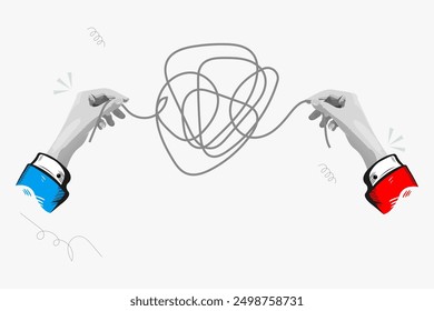 Two Hands working together to untangle dark rope vector collage art template