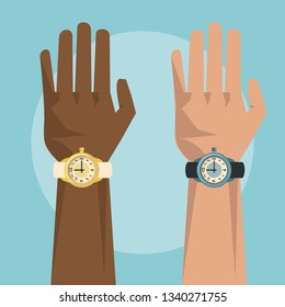 Two hands with wristwatch visible