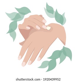 Two hands of a young woman. Logo for natural cosmetics. Isolated image of female hands on a white background with green leaves in a circle.