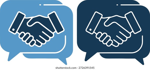 Dos iconos de apretón de manos en azul claro y burbujas de discurso azul oscuro sobre un fondo blanco puro, que simbolizan la asociación empresarial y el Acuerdo