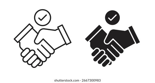 Dos iconos de apretón de manos, una línea de arte, uno sólido, ambos con un símbolo de marca de verificación arriba, aislado en blanco.