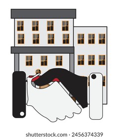 Two handshaking with a hotel in background showing acquisition , friendship and business deal. Leadership illustration , relationship vector , agreement icon . Resident picture