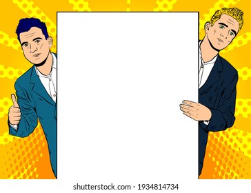 Two handsome businessman behind big empty banner with copy space. Comic book style vector illustration with yellow background.