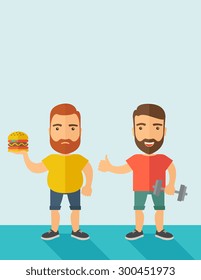 A two handsome caucasian men wearing shorts and sleeveless the yellow shirt with hamburger and the red shirt with dumbell. Contemporary style with pastel palette, soft blue tinted background. Vector