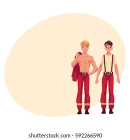 Two handsome firefighters, firemen at rest, with naked torso and in t-shirt, cartoon vector illustration with place for text.  