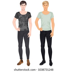 Two handsome guys in casual clothes. Paper dolls, all items removable. Vector illustration.