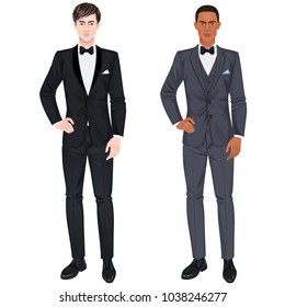 Dos tipos guapos en trajes para fiesta de baile o boda. Muñecas de papel, todos los artículos removibles. Ilustración vectorial.