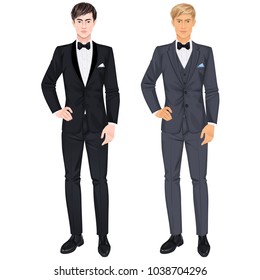 Two handsome guys in suits for prom or wedding party. Paper dolls, all items removable. Vector illustration.