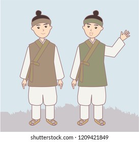 Two handsome man talk to each other wearing Hanbok, the traditional Korean dress on flower background.