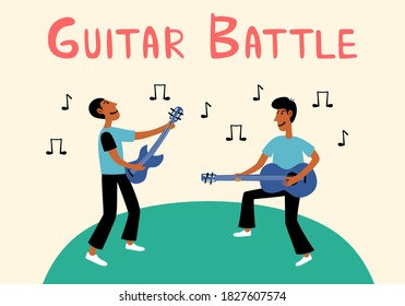 two handsome men playing guitar, fighting skills, stylish poses with guitar. vector illustration of the concept of music battle fighting skills