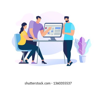 Two Handsome Men Stand at Table with Computer Explain Information to Sitting Girl. Teamwork. Young People Work or Study Together, Prepare for Exams, Skills Improvement Cartoon Flat Vector Illustration