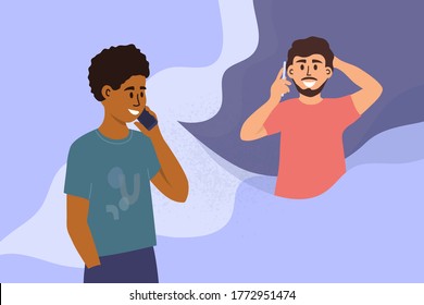 Two Handsome Men Talking On Mobile Phone. Black Guy Calling Friend By Smartphone. People Conversation. Male Partners Dialogue. Social Distancing. Conversation Of Couple. Characters Vector Illustration