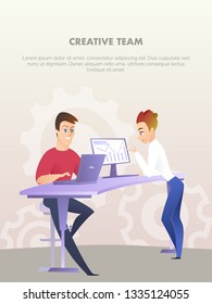 Two Handsome Men Work On Computer at Table in Office. Vertical Rectangle Banner with Creative Team Inscription, Copy Space, Cogweel Background. Office Life, Teamwork Flat Cartoon Vector Illustration