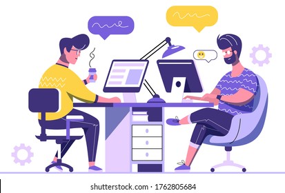 Two handsome men are working on computers and speaking. A man is sitting on an armchair behind the office Desk with books and a cup of coffee and working at his computer. Working process flat design