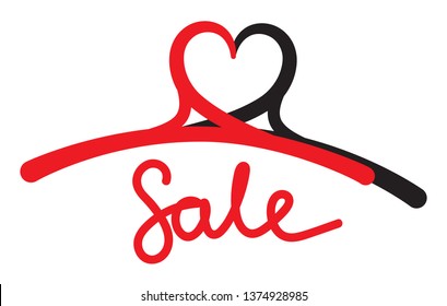 Two hangers faced together with hooks in shape of heart. Concept illustrating love to shopping clothes. Logo, brand identity, symbol of shopping, sale, sewing, atelier, laundry, hotel services