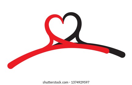 Two hangers in a shape of heart. Concept illustrating love to shopping clothes. Logo, brand identity, symbol of shopping, sale, sewing, atelier, laundry, hotel services
