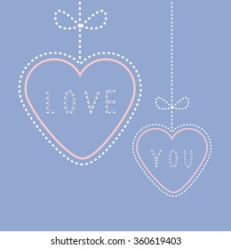 Two hanging hearts with bows. Love greeting card. Flat design style. Rose quartz serenity color background. Vector illustration
