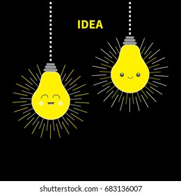 Two hanging Idea light bulb icon set Happy smiling face. Shining effect. Dash line. Cute cartoon character. Yellow color switch on. Business success concept. Flat design. Black background. Vector