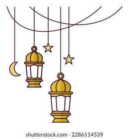 two hanging lamp with crescent moon and two stars flat design style illustration as decoration for ramadan and eid celebration element