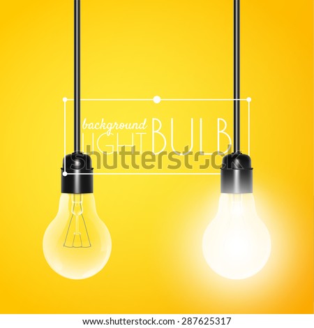 Two hanging light bulbs: glowing and turned off on a yellow background with copy space. Vector illustration for your design