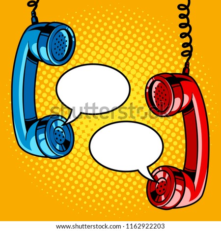 Two hanging phone handsets with empty speech bubbles. Pop art vector retro illustration.