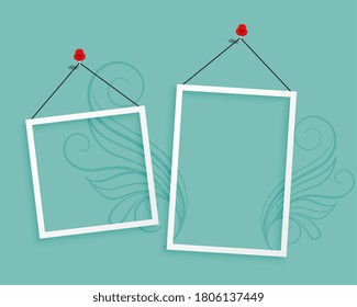 two hanging photo frames blank background design